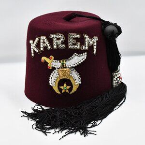 Vintage Masonic Shriners Wool Jeweled Fez Hat W/ Leatherette Case Karem 6 7/8"